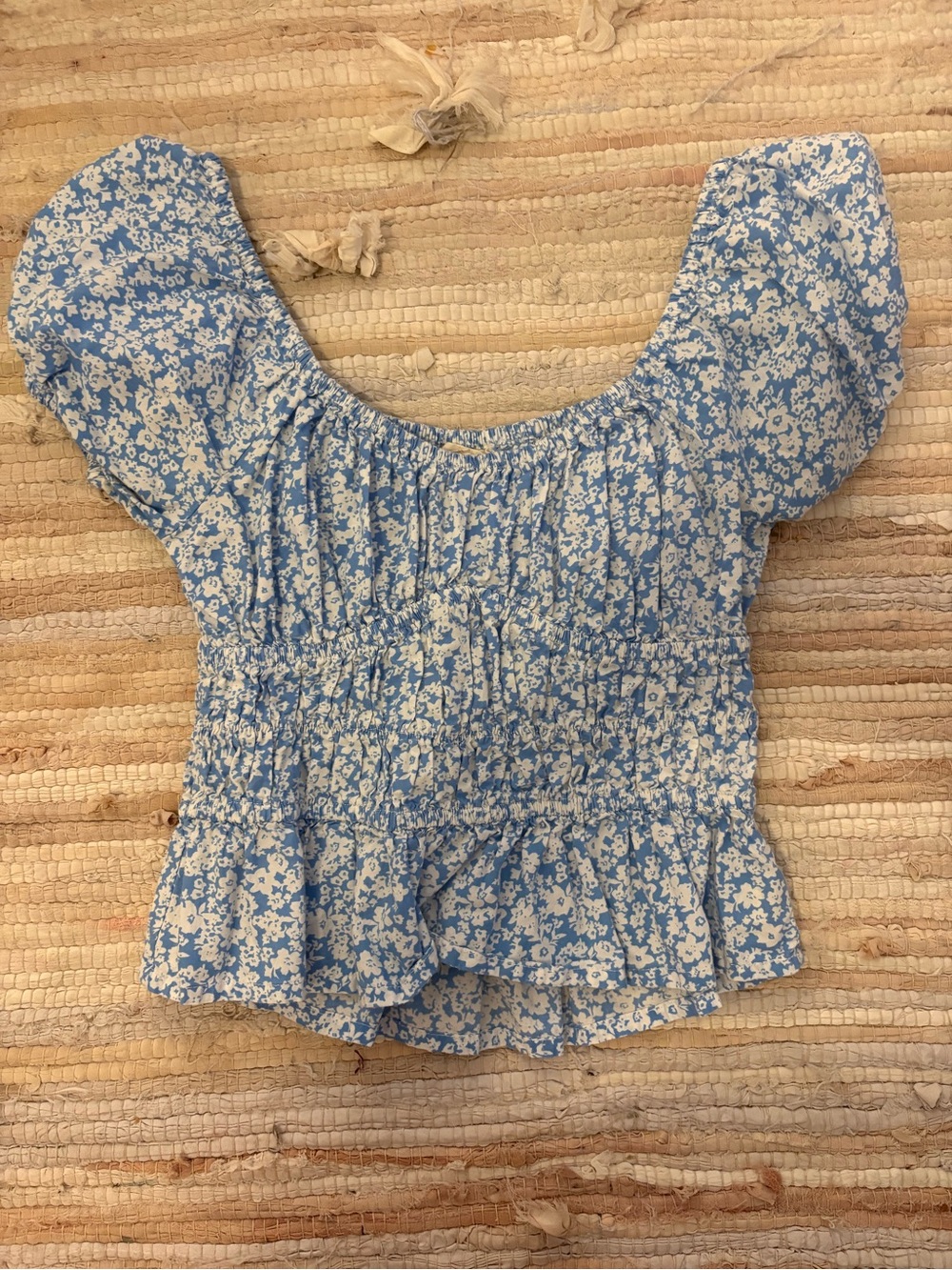 Blue Floral Smocked Peplum Blouse with Puff Sleeves